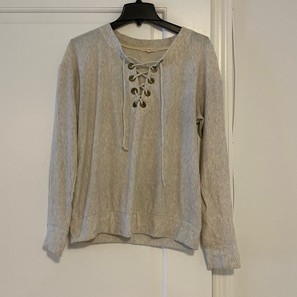 Socialite Lace-Up Front Gray Sweater Size L
